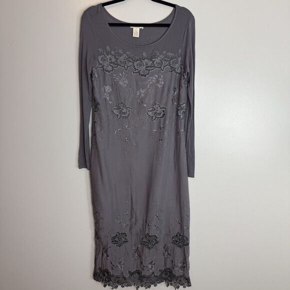 Sundance Embroidered Grey Long Sleeve Midi Dress Lace Knit Gray Size 4 Boho - Picture 1 of 11